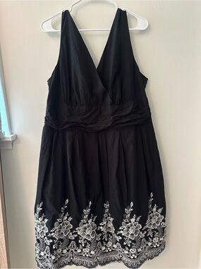 Black Midi Dress with White Floral Embroidery